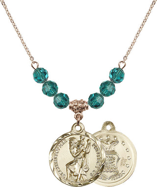 18" Hamilton Gold Plated Necklace with 4mm Zircon Crystal Beads featuring a 14kt Gold Filled Saint Christopher / Air Force Medal.