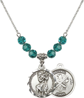 18" Rhodium Plated Necklace with 4mm Zircon Crystal Beads featuring a Sterling Silver Saint Christopher / Nat'l Guard Medal.