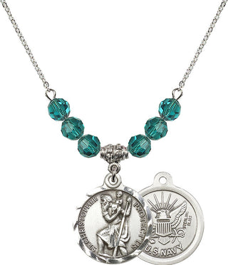 18" Rhodium Plated Necklace with 4mm Zircon Crystal Beads featuring a Sterling Silver Saint Christopher / Navy Medal.