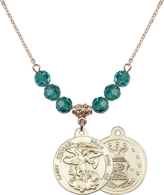 18" Hamilton Gold Plated Necklace with 4mm Zircon Crystal Beads featuring a 14kt Gold Filled Saint Michael / Air Force Medal.