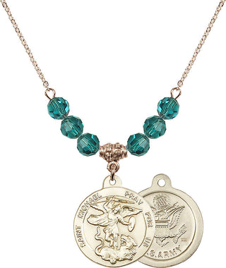 18" Hamilton Gold Plated Necklace with 4mm Zircon Crystal Beads featuring a 14kt Gold Filled Saint Michael / Army Medal.