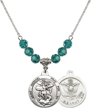 18" Rhodium Plated Necklace with 4mm Zircon Crystal Beads featuring a Sterling Silver Saint Michael / Army Medal.