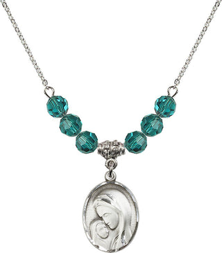 18" Rhodium Plated Necklace with 4mm Zircon Crystal Beads featuring a Sterling Silver Madonna & Child Medal.