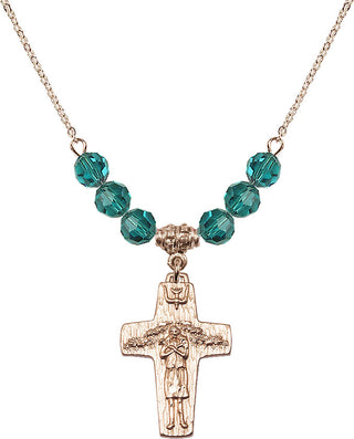 18" Hamilton Gold Plated Necklace with 4mm Zircon Crystal Beads featuring a 14kt Gold Filled Papal Crucifix Medal.
