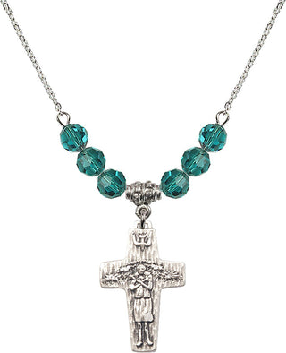 18" Rhodium Plated Necklace with 4mm Zircon Crystal Beads featuring a Sterling Silver Papal Crucifix Medal.