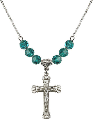 18" Rhodium Plated Necklace with 4mm Zircon Crystal Beads featuring a Sterling Silver Crucifix Medal.