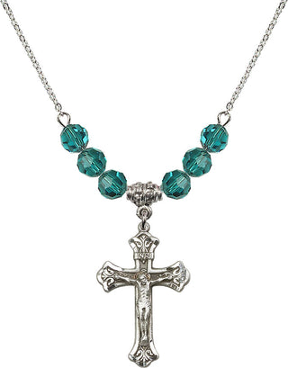 18" Rhodium Plated Necklace with 4mm Zircon Crystal Beads featuring a Sterling Silver Crucifix Medal.