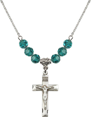 18" Rhodium Plated Necklace with 4mm Zircon Crystal Beads featuring a Sterling Silver Crucifix Medal.