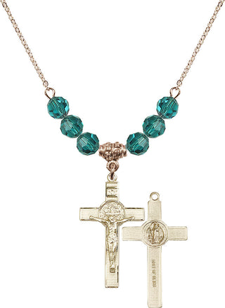 18" Hamilton Gold Plated Necklace with 4mm Zircon Crystal Beads featuring a 14kt Gold Filled Saint Benedict Crucifix Medal.