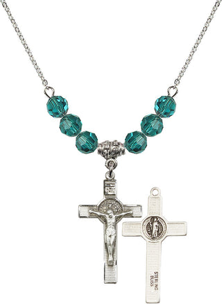 18" Rhodium Plated Necklace with 4mm Zircon Crystal Beads featuring a Sterling Silver Saint Benedict Crucifix Medal.