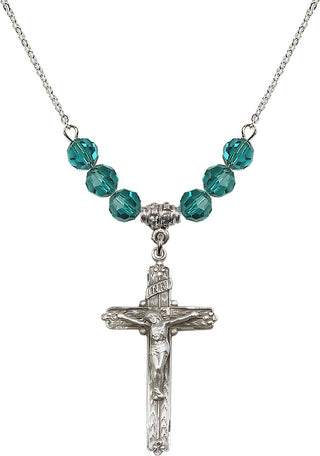 18" Rhodium Plated Necklace with 4mm Zircon Crystal Beads featuring a Sterling Silver Crucifix Medal.
