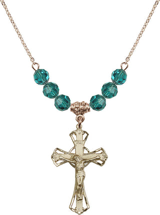 18" Hamilton Gold Plated Necklace with 4mm Zircon Crystal Beads featuring a 14kt Gold Filled Crucifix Medal.
