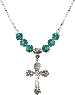 18" Rhodium Plated Necklace with 4mm Zircon Crystal Beads featuring a Sterling Silver Crucifix Medal.