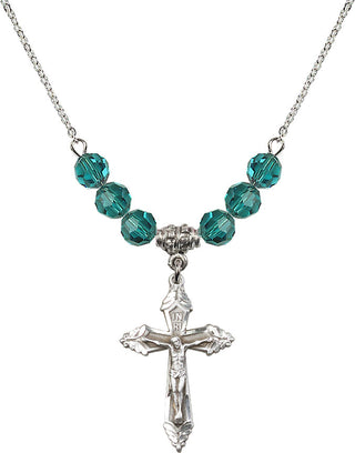 18" Rhodium Plated Necklace with 4mm Zircon Crystal Beads featuring a Sterling Silver Crucifix Medal.