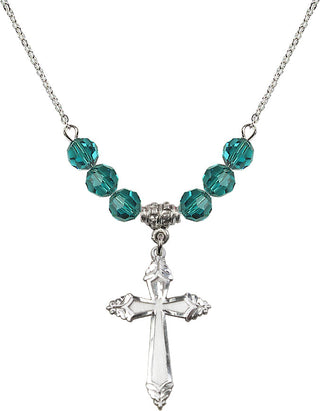 18" Rhodium Plated Necklace with 4mm Zircon Crystal Beads featuring a Sterling Silver Cross Medal.