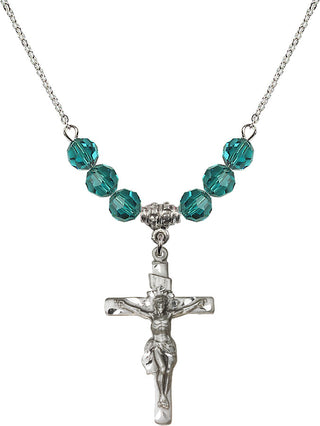 18" Rhodium Plated Necklace with 4mm Zircon Crystal Beads featuring a Sterling Silver Crucifix Medal.