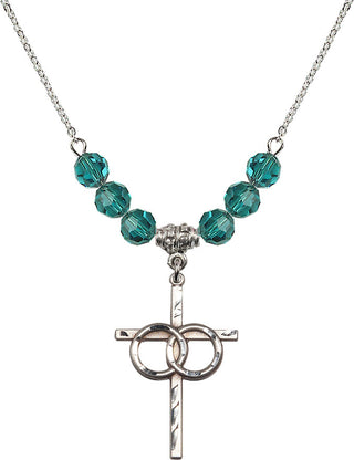 18" Rhodium Plated Necklace with 4mm Zircon Crystal Beads featuring a Sterling Silver Wedding Rings Cross Medal.