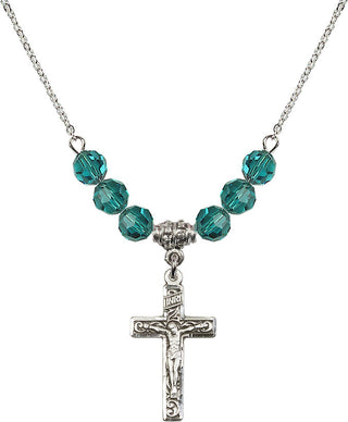 18" Rhodium Plated Necklace with 4mm Zircon Crystal Beads featuring a Sterling Silver Crucifix Medal.