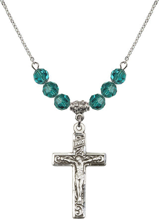 18" Rhodium Plated Necklace with 4mm Zircon Crystal Beads featuring a Sterling Silver Crucifix Medal.