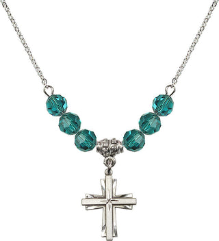 18" Rhodium Plated Necklace with 4mm Zircon Crystal Beads featuring a Sterling Silver Cross Medal.