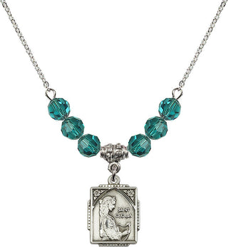18" Rhodium Plated Necklace with 4mm Zircon Crystal Beads featuring a Sterling Silver Saint Cecilia Medal. Engraved Catholic Saint Jewelry