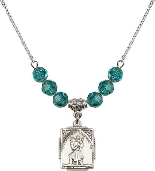 18" Rhodium Plated Necklace with 4mm Zircon Crystal Beads featuring a Sterling Silver Saint Christopher Medal. Engraved Catholic Saint Jewelry