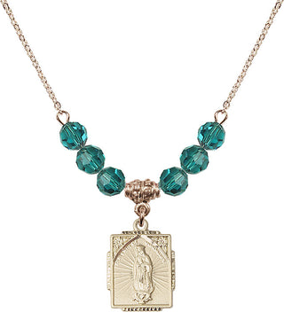 18" Hamilton Gold Plated Necklace with 4mm Zircon Crystal Beads featuring a 14kt Gold Filled Our Lady of Guadalupe Medal. Engraved Catholic Saint Jewelry