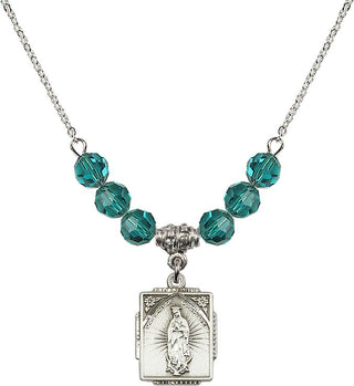 18" Rhodium Plated Necklace with 4mm Zircon Crystal Beads featuring a Sterling Silver Our Lady of Guadalupe Medal. Engraved Catholic Saint Jewelry