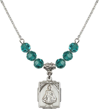 18" Rhodium Plated Necklace with 4mm Zircon Crystal Beads featuring a Sterling Silver Infant of Prague Medal. Engraved Catholic Saint Jewelry