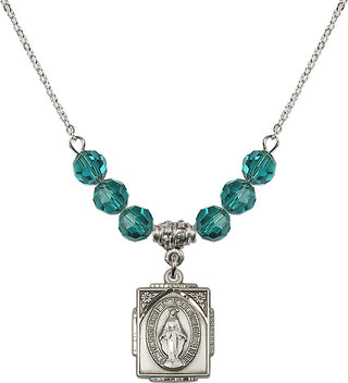 18" Rhodium Plated Necklace with 4mm Zircon Crystal Beads featuring a Sterling Silver Miraculous Medal. Engraved Catholic Saint Jewelry