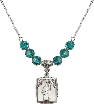 18" Rhodium Plated Necklace with 4mm Zircon Crystal Beads featuring a Sterling Silver Saint Patrick Medal. Engraved Catholic Saint Jewelry