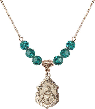 18" Hamilton Gold Plated Necklace with 4mm Zircon Crystal Beads featuring a 14kt Gold Filled Mother of a Priest Medal. Engraved Catholic Saint Jewelry