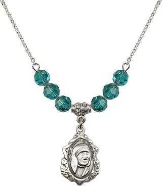 18" Rhodium Plated Necklace with 4mm Zircon Crystal Beads featuring a Sterling Silver Saint Teresa of Calcutta Medal.