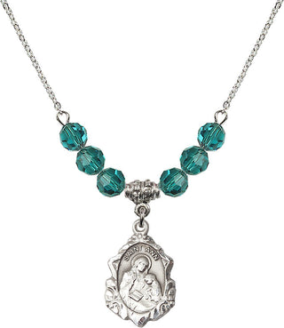 18" Rhodium Plated Necklace with 4mm Zircon Crystal Beads featuring a Sterling Silver Saint Ann Medal. Engraved Catholic Saint Jewelry