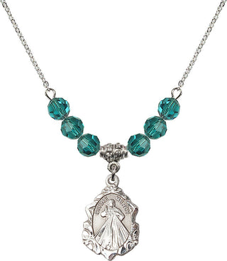 18" Rhodium Plated Necklace with 4mm Zircon Crystal Beads featuring a Sterling Silver Divine Mercy Medal. Engraved Catholic Saint Jewelry