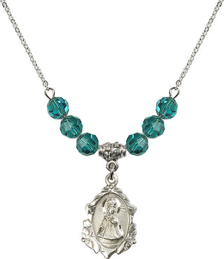 18" Rhodium Plated Necklace with 4mm Zircon Crystal Beads featuring a Sterling Silver Infant of Prague Medal. Engraved Catholic Saint Jewelry