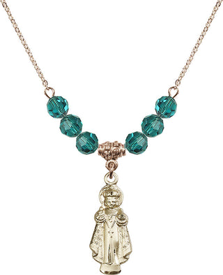 18" Hamilton Gold Plated Necklace with 4mm Zircon Crystal Beads featuring a 14kt Gold Filled Infant of Prague Medal.