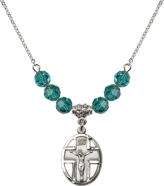 18" Rhodium Plated Necklace with 4mm Zircon Crystal Beads featuring a Sterling Silver Crucifix Medal.