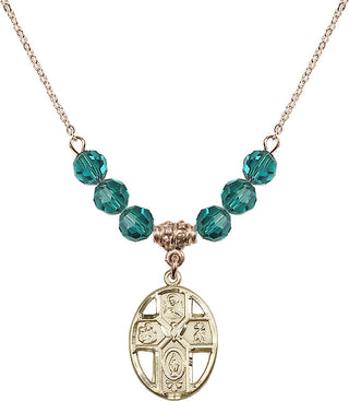 18" Hamilton Gold Plated Necklace with 4mm Zircon Crystal Beads featuring a 14kt Gold Filled 5-Way / Holy Spirit Medal.
