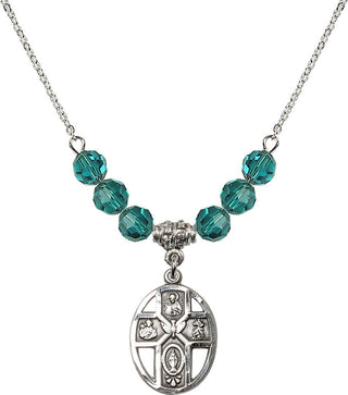18" Rhodium Plated Necklace with 4mm Zircon Crystal Beads featuring a Sterling Silver 5-Way / Holy Spirit Medal.