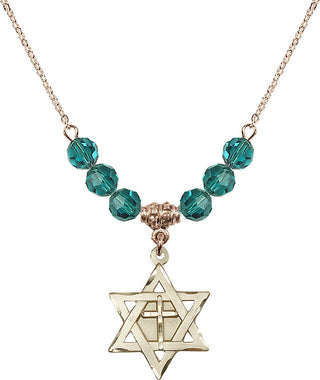 18" Hamilton Gold Plated Necklace with 4mm Zircon Crystal Beads featuring a 14kt Gold Filled Star of David with Cross Medal.