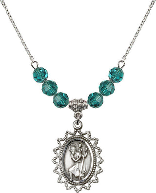 18" Rhodium Plated Necklace with 4mm Zircon Crystal Beads featuring a Sterling Silver Saint Christopher Medal.