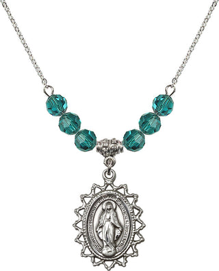 18" Rhodium Plated Necklace with 4mm Zircon Crystal Beads featuring a Sterling Silver Miraculous Medal.