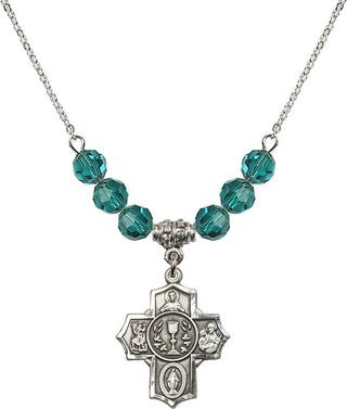 18" Rhodium Plated Necklace with 4mm Zircon Crystal Beads featuring a Sterling Silver Communion/5-Way Medal.