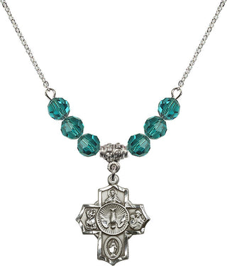 18" Rhodium Plated Necklace with 4mm Zircon Crystal Beads featuring a Sterling Silver 5-Way Medal.