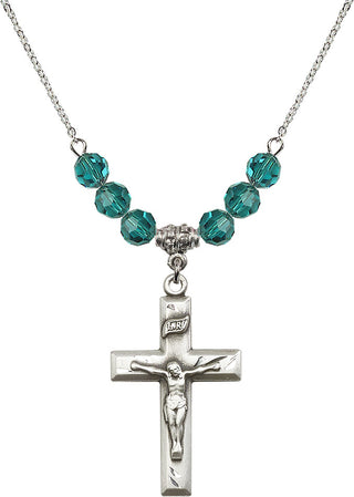 18" Rhodium Plated Necklace with 4mm Zircon Crystal Beads featuring a Sterling Silver Crucifix Medal.