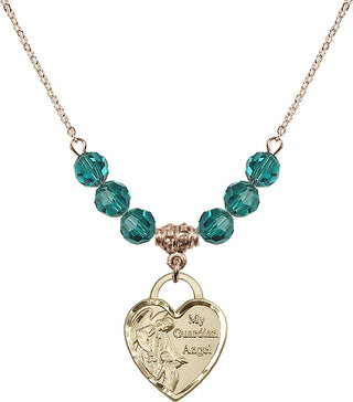 18" Hamilton Gold Plated Necklace with 4mm Zircon Crystal Beads featuring a 14kt Gold Filled Guardian Angel Heart Medal. Engraved Catholic Saint Jewelry