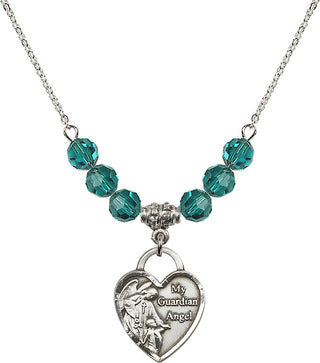18" Rhodium Plated Necklace with 4mm Zircon Crystal Beads featuring a Sterling Silver Guardian Angel Heart Medal. Engraved Catholic Saint Jewelry