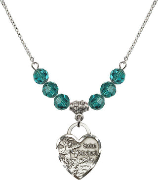 18" Rhodium Plated Necklace with 4mm Zircon Crystal Beads featuring a Sterling Silver Saint Michael the Archangel Medal. Engraved Catholic Saint Jewelry