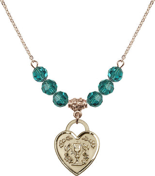 18" Hamilton Gold Plated Necklace with 4mm Zircon Crystal Beads featuring a 14kt Gold Filled Communion Heart Medal. Engraved Catholic Saint Jewelry